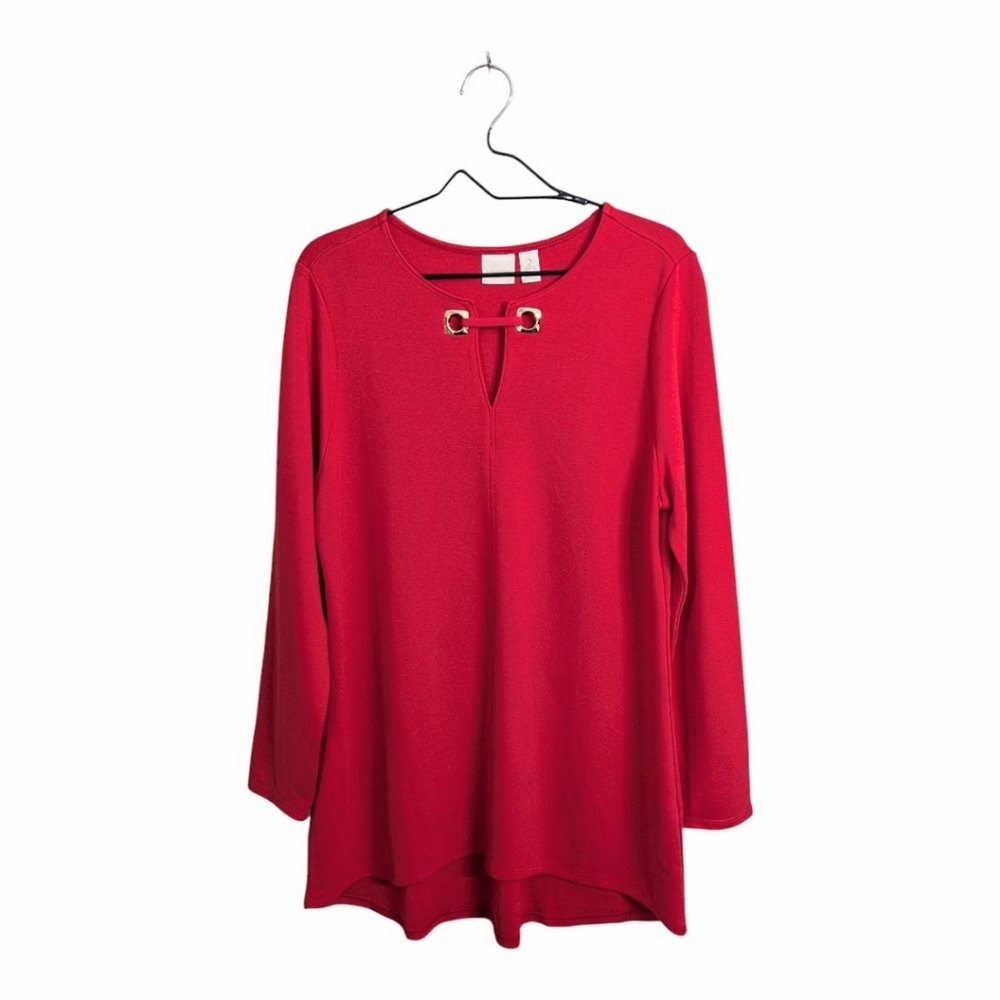 Chico's Red Hi Low Hem Tunic Blouse Long Sleeve Gold Hardware Keyhole Neck L